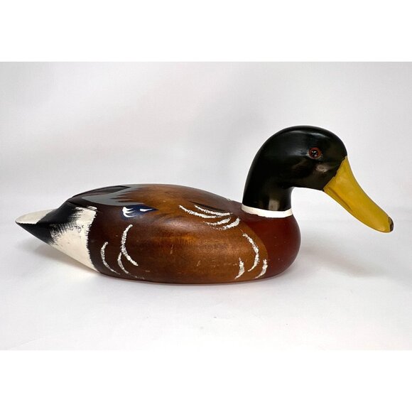 Vintage Mallard Duck Wooden Decoy 1960's Hand-Painted Hand-Carved 15" Glass Eyes - Picture 1 of 7